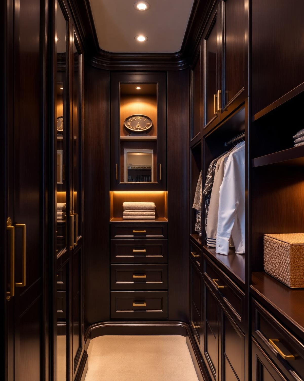 Closet em madeira nobre com iluminação integrada